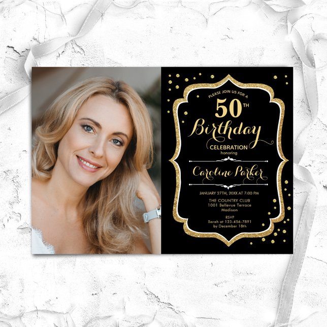 Elegant Black Gold Photo 50th Birthday Invitation (Creator Uploaded)