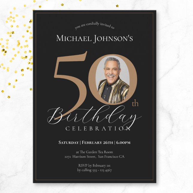 Elegant Black Gold Photo 50th Birthday Invitation (Mockup View)