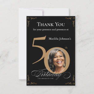 Elegant Black Gold Photo 50th Birthday Party Thank You Card