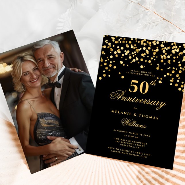 Elegant Black Gold Photo 50th Wedding Anniversary Invitation (Creator Uploaded)