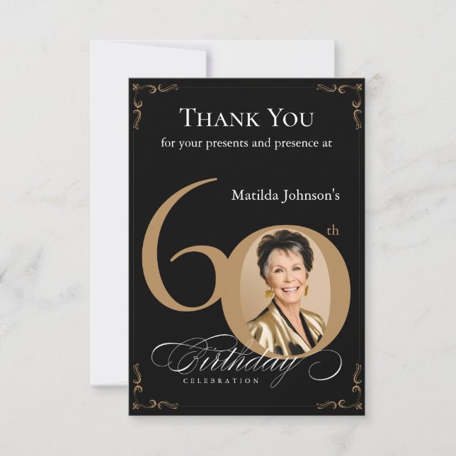 Elegant Black Gold Photo 60th Birthday Party Thank You Card (Front)