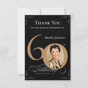 Elegant Black Gold Photo 60th Birthday Party Thank You Card