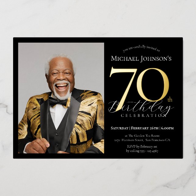 Elegant Black Gold Photo 70th Birthday (Front)
