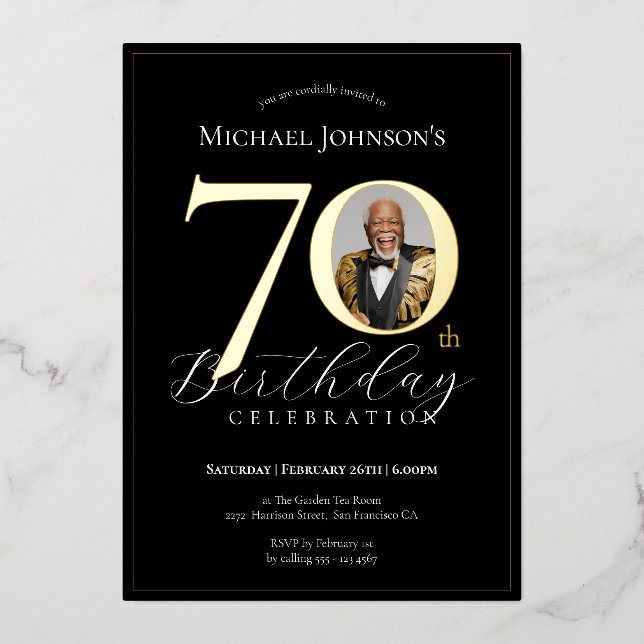 Elegant Black Gold Photo 70th Birthday (Front)