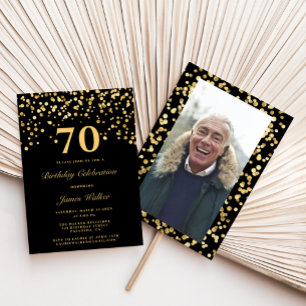 Elegant Black Gold Photo 70Th Birthday Party Invitation