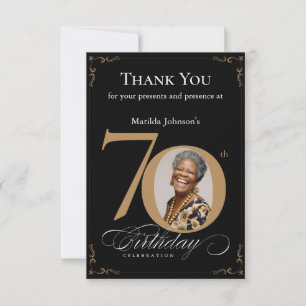 Elegant Black Gold Photo 70th Birthday Party Thank You Card