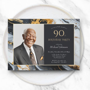 Elegant Black Gold Photo 90th Birthday Invitation