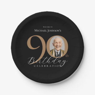 Elegant Black Gold Photo 90th Birthday Party Paper Plate