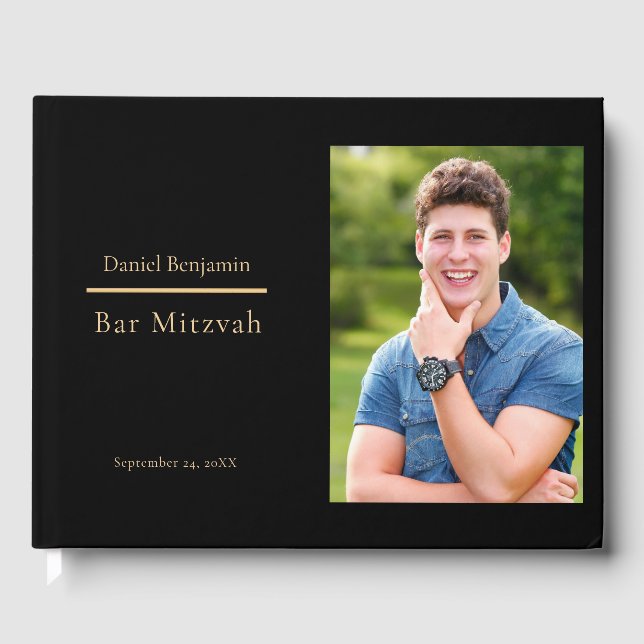 Elegant Black Gold Photo Bar Mitzvah Guest Book (Front)