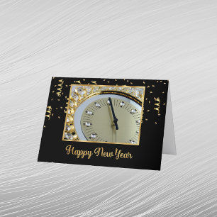 Elegant Black Gold Photo Clock New Year Holiday Card