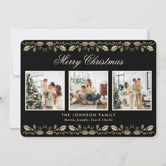 Elegant Black Gold Photo Collage Christmas Card (Front)