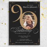 Elegant Black Gold Photo Custom 90th Birthday  Invitation<br><div class="desc">Elegant Black Gold Photo Custom 90th Birthday Invitation. And elegantly designed special birthday celebration invitation,  featuring a custom photo of birthday person and script calligraphy with vintage flourish elements. Simple enough to fit a variety of themes and colours!
Need help? Simply contact me!</div>