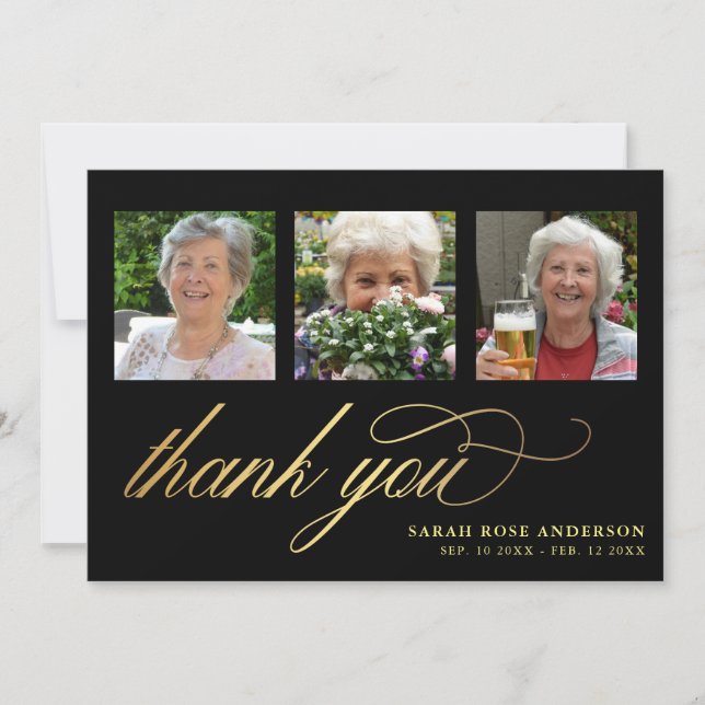 Elegant Black & Gold Photo Funeral Thank You Card (Front)