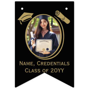 Elegant Black, Gold Photo Graduation Cap, Diploma Bunting