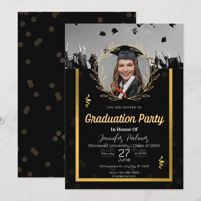  Elegant Black Gold Photo Graduation Invitation (Front/Back)