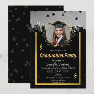 Elegant Black Gold Photo Graduation Invitation