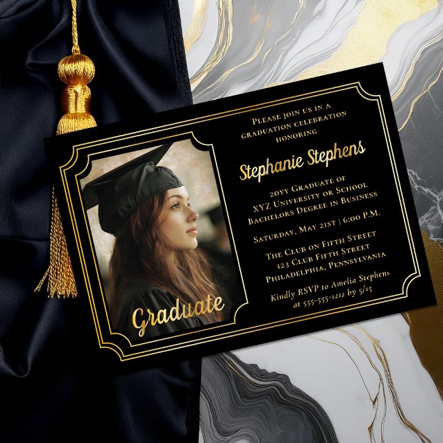 Elegant Black & Gold Photo Graduation Party  (Elegant Black and Gold Foil Graduation Party Invitation with Photo and Scalloped Frame Overlay)