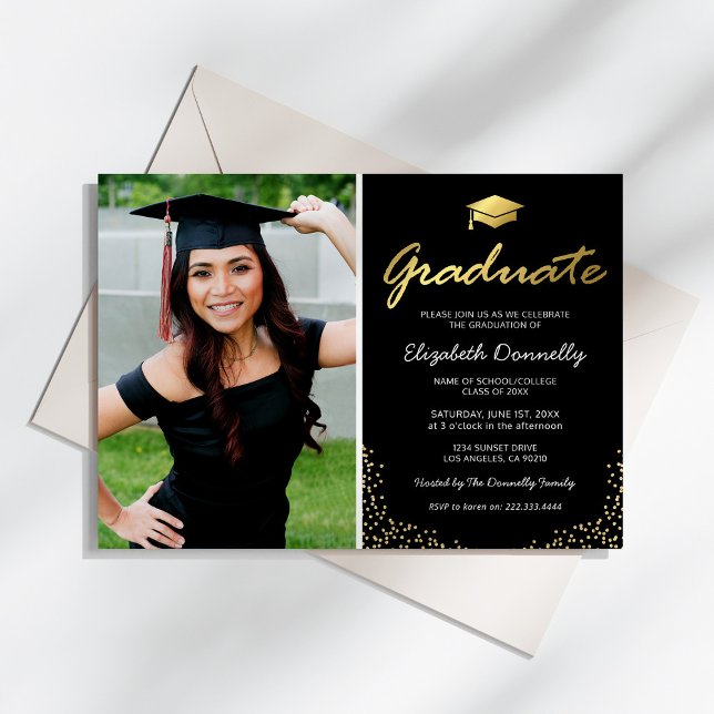 Elegant Black Gold Photo Graduation Party Invitation (Creator Uploaded)