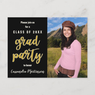 Elegant Black Gold Photo Graduation Party Invite