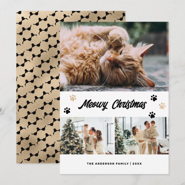 Elegant Black Gold Photo Meowy Christmas Card (Front/Back)