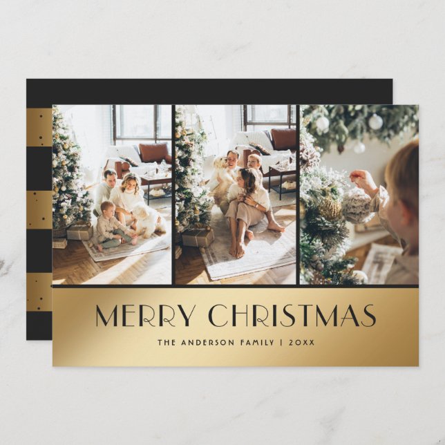 Elegant Black Gold Photo Merry Christmas Card (Front/Back)