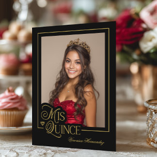 Elegant Black Gold Photo Mis Quince Quinceañera Invitation