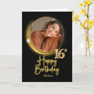Elegant Black & Gold Photo Name 16th Birthday Card