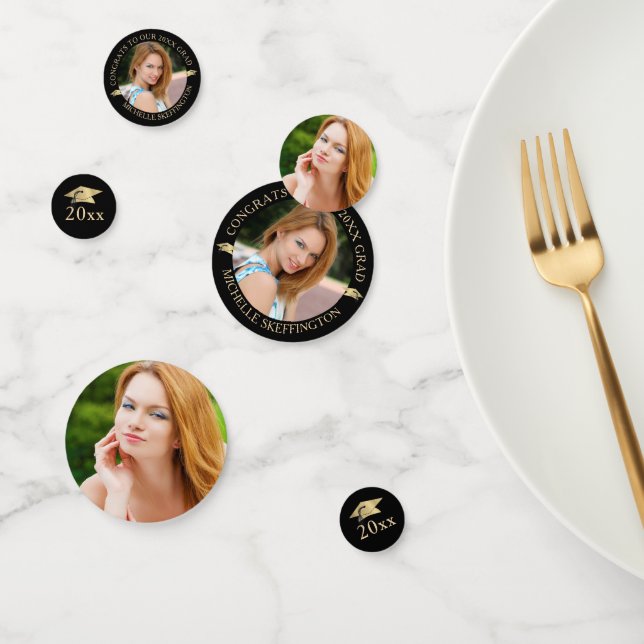 Elegant Black Gold Photo Personalised Graduation Confetti (Group)