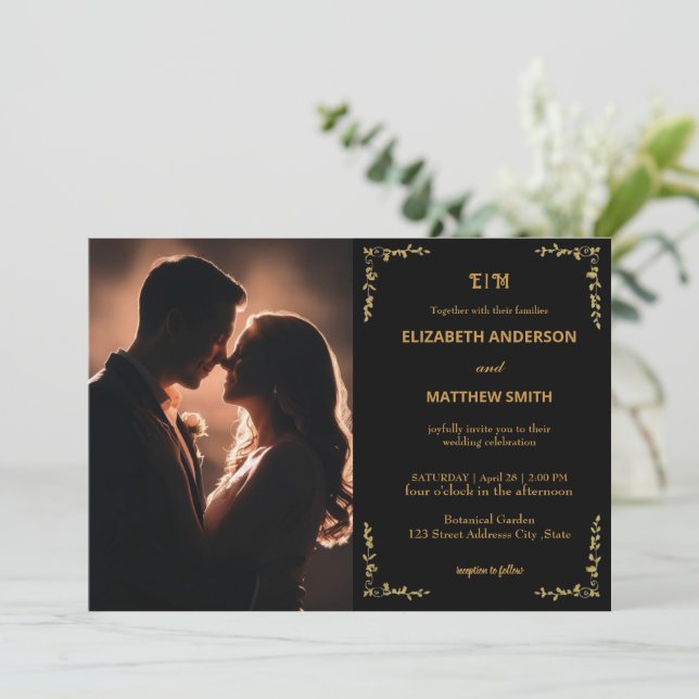 Elegant Black & gold photo romantic wedding Invitation (Standing Front)