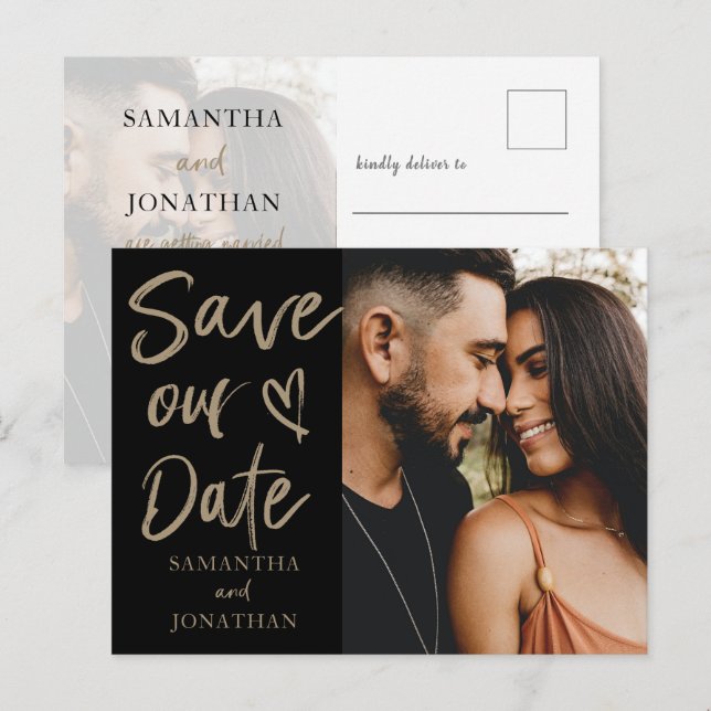 Elegant Black Gold Photo Save our Date Wedding  Announcement Postcard (Front/Back)