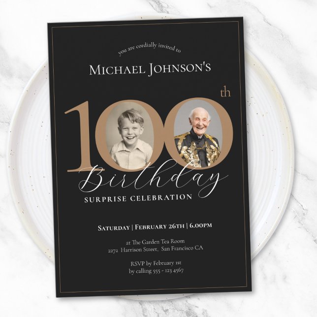 Elegant Black Gold Photo Surprise 100th Birthday Invitation (Elegant Black Gold Photo Surprise 100th Birthday Invitation)