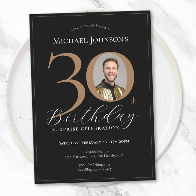 Elegant Black Gold Photo Surprise 30th Birthday Invitation (Elegant Black Gold Photo Surprise 30th Birthday Invitation)