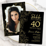 Elegant Black Gold Photo Surprise 40th Birthday Invitation<br><div class="desc">Elegant black and gold surprise 40th birthday party invitation with your photo on the back of the card. Trendy modern feminine design features botanical accents and typography script font. Simple floral invite card perfect for a stylish female surprise bday celebration. Can be customised to any age. Printed Zazzle invitations or...</div>