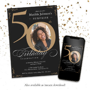 Elegant Black Gold Photo Surprise 50th Birthday Invitation