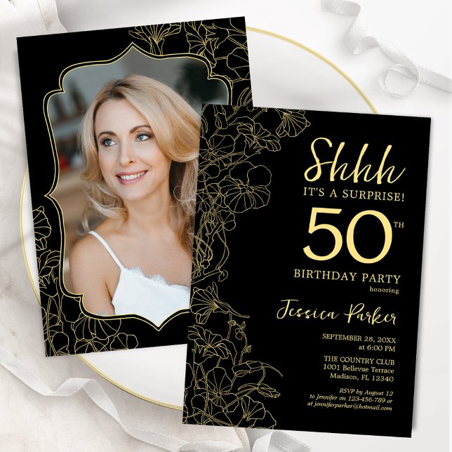 Elegant Black Gold Photo Surprise 50th Birthday Invitation (Creator Uploaded)