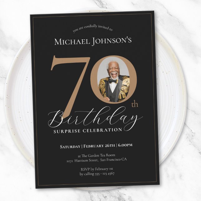 Elegant Black Gold Photo Surprise 70th Birthday Invitation (Elegant Black Gold Photo Surprise 70th Birthday Invitation)