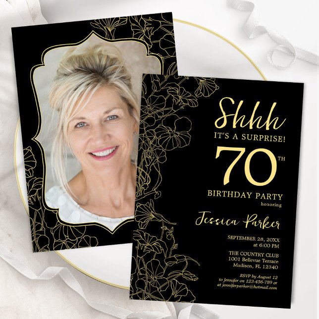 Elegant Black Gold Photo Surprise 70th Birthday Invitation (Creator Uploaded)