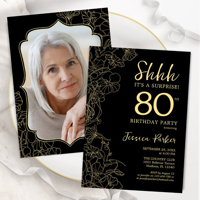 Elegant Black Gold Photo Surprise 80th Birthday Invitation (Creator Uploaded)