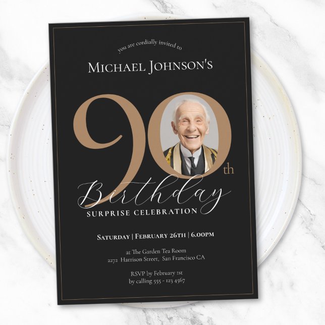 Elegant Black Gold Photo Surprise 90th Birthday Invitation (Elegant Black Gold Photo Surprise 90th Birthday Invitation)