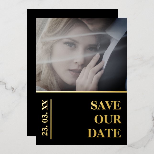 Elegant Black Gold Photo Wedding Save the Date Foil Holiday Card (Front/Back)