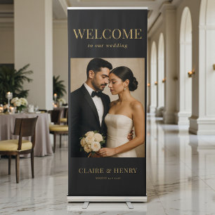 Elegant Black & Gold Photo Wedding Welcome Retractable Banner