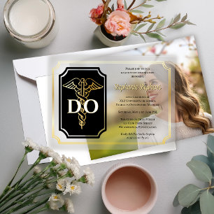 Elegant Black Gold Physician DO Graduation Party Vellum Invitations
