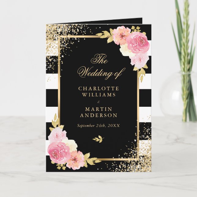 Elegant Black Gold Pink Floral Wedding Programme (Front)