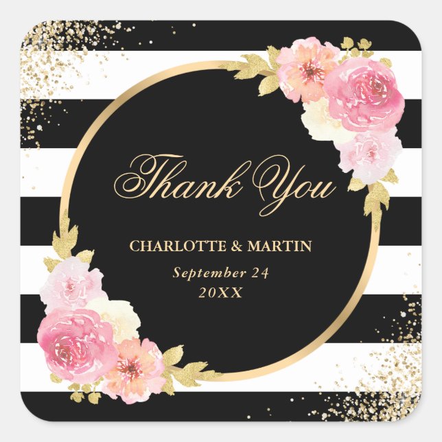 Elegant Black Gold Pink Floral Wedding Thank You Square Sticker (Front)