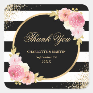 Elegant Black Gold Pink Floral Wedding Thank You Square Sticker