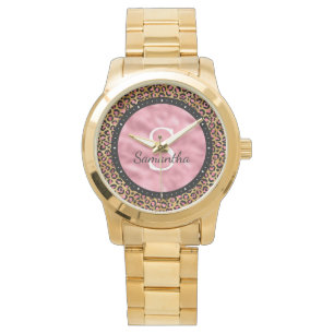 Elegant Black Gold Pink Foil Leopard Name Monogram Watch
