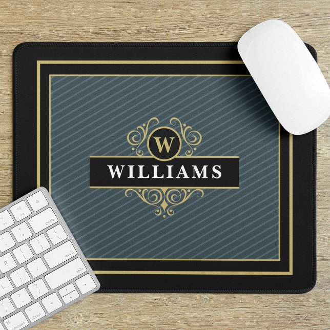 Elegant Black Gold Pinstripe Monogram Mouse Mat (Creator Uploaded)