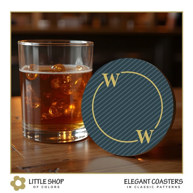 Elegant Black Gold Pinstripe Monogram Round Paper Coaster (Creator Uploaded)