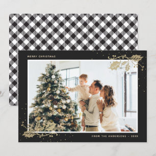 Elegant Black Gold Plaid Photo Christmas Cards
