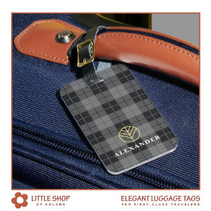 Elegant Black Gold Plaid Tartan Monogram Luggage Tag